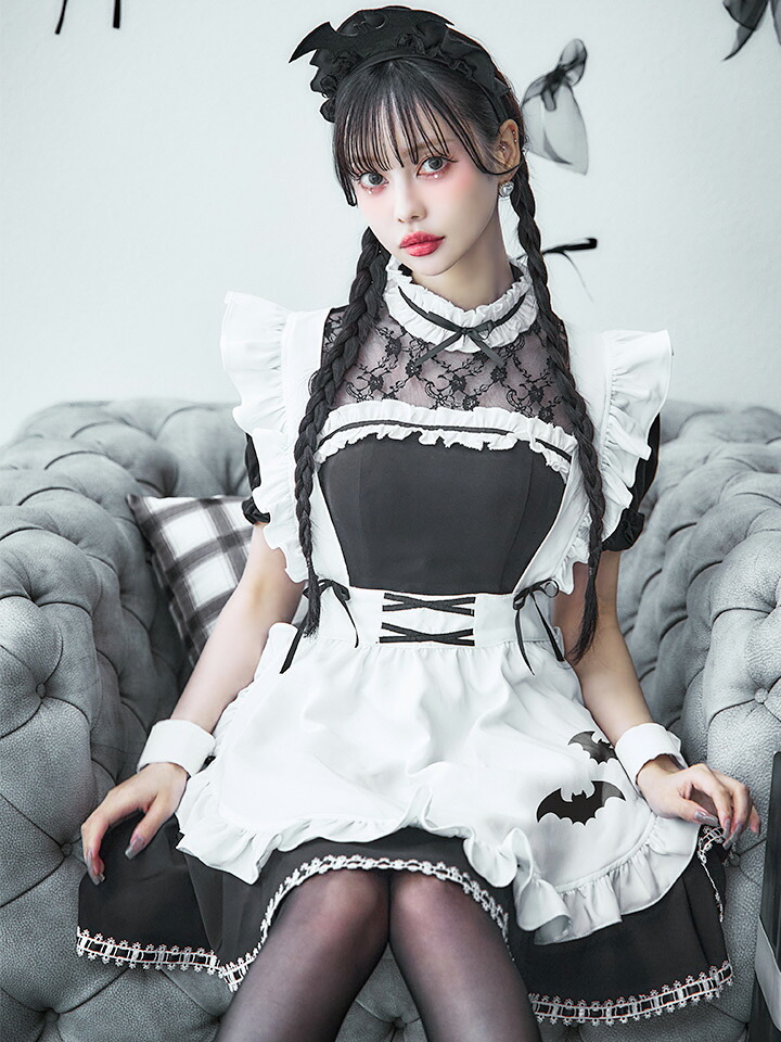 送料無料 【5点SET】メイド メイド服 コスプレ ハロウィン クラシカルメイド クラシック レース リボン イベント レディース かわいい 制服 仮装 文化祭 カチューシャ スカート エプロン フリル コウモリ ブラック ホワイト 【ROUGE | ルージュ】 HW152SBdzw-24NR｜ROUGE