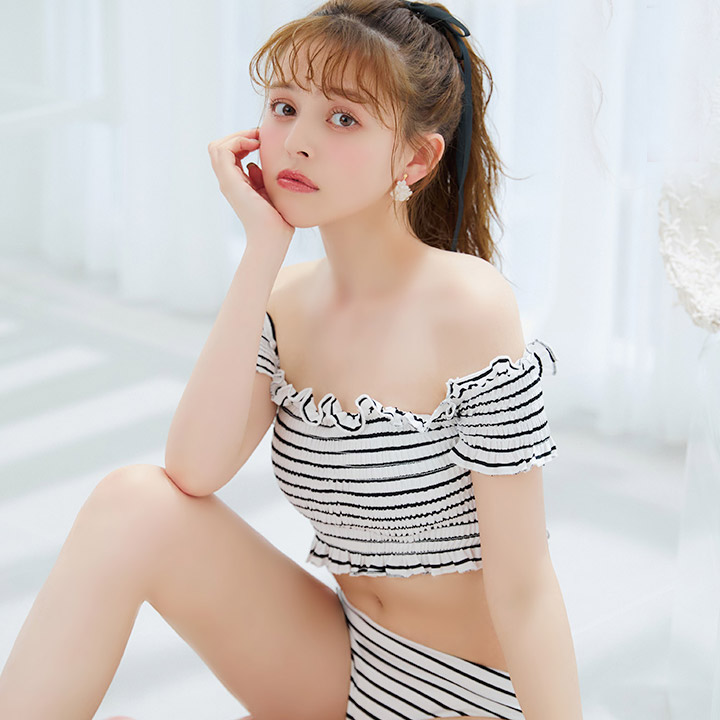 送料無料 即日発送【ビキニ】【水着】シャーリングオフショルビキニ 2点セット [YMT] ビキニ 水着 みずぎ レディース 体型カバー 大きい 小さい s m l 【ROUGE | ルージュ】 M283dzc-Border-25NN｜ROUGE