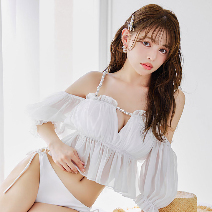 送料無料 【即日発送】【ビキニ】【水着】 パフスリーブフリルビキニ 2点セット[YMT]M282dzp ビキニ 水着 みずぎ レディース 体型カバー 大きい 小さい s m l 【ROUGE | ルージュ】 M282dzp-W-25PO