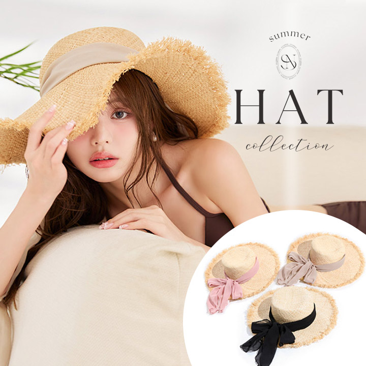 即日発送 リボンストローハット 麦わら むぎわら 帽子 水着 ぼうし ハット シフォン ベージュ ピンク ブラック ビキニ 海 ビーチ 旅行 フリンジハット リボン付 麦わら帽子 日除 日差し対策 日焼け防止 【ROUGE / ルージュ】MG-H001-21MY