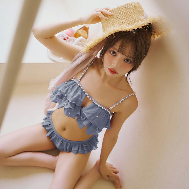 送料無料 即日発送【ビキニ】【水着】 ガーリーフリル&times;ビスチェ セットアップ ビキニ 2点セット[FB01] ビキニ 水着 みずぎ レディース 体型カバー 大きい 小さい s m l 【ROUGE | ルージュ】 M286dzw-BL-26PO-260425｜ROUGE