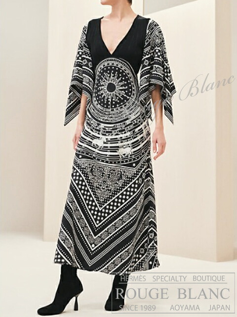 エルメス 2024 A/W シルクロングドレス 衣装 ”九星術バンダナ” 黒いこと 黒 #34 引き船付 【新品】 HERMES Long dress One-piece ”Astrologie Bandana” Black【NEW】