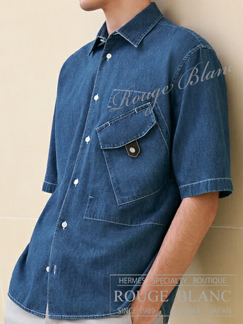 エルメス 2025 S/S メンズ ジーンズプルオーバー レザーデティール インディゴラヴェ #42 曳き船付 【新品】HERMES Men\u0027s Denim shirt with leather detail Blouson Indigo lave 【NEW】