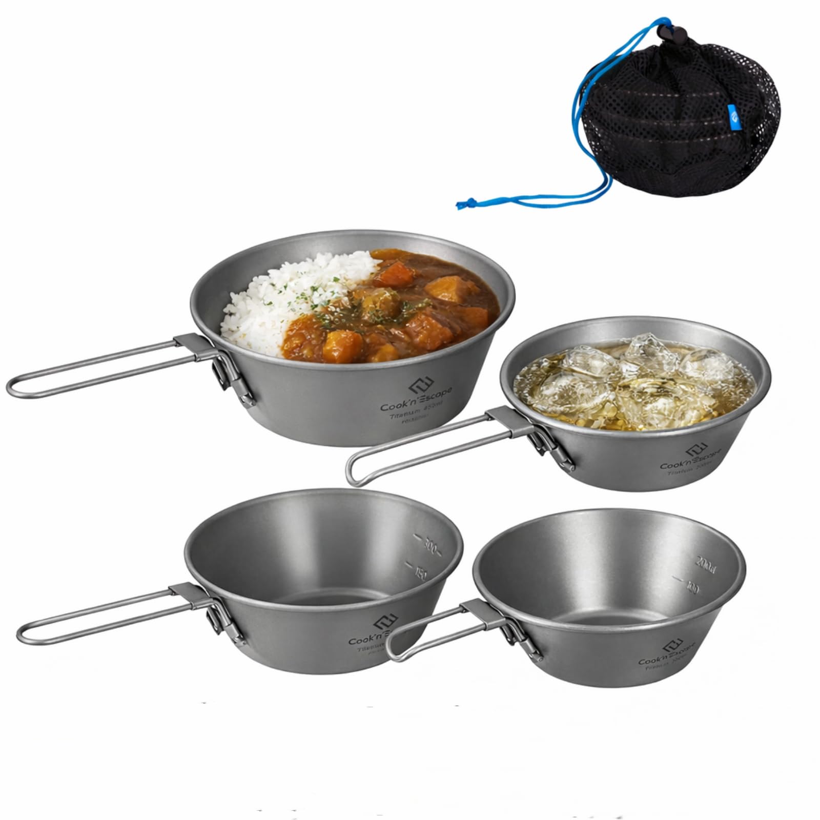 【送料無料】COOK'N'ESCAPE チタン シェラカップ 4点セット (300ml＋450ml)&times;2 純チタン製 直火対応 超軽量 スタッキング 折りたたみハ｜Rougeスポーツショップ店