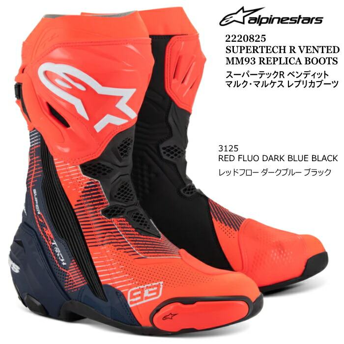 在庫限り 【Alpinestars】2220825 マルケス SUPERTECH R VENTED MM93 REPLICA BOOTS (3125 RED.F D.BLUE BLACK) アルパインスターズ スーパーテックR ベンディット (レッド.F D.ブルー ブラック) バイク 正規品 レーシングブーツ｜ラフ＆ロードWEBSHOP