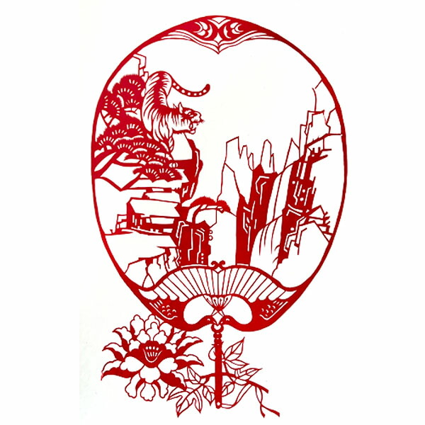 中国　赤い伝統的浮世絵風掛軸　切り絵 中国 赤い伝統的浮世絵風掛軸 切り絵 （黒一色からフルカラーへ