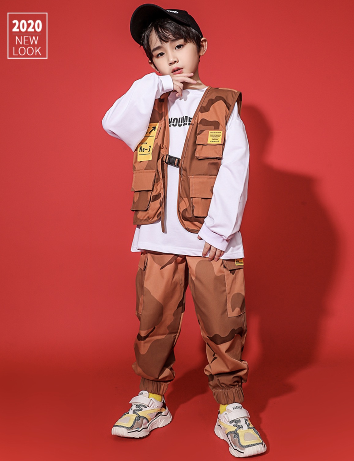 4/15 20時開始★20%OFFクーポン! キッズダンス衣装 迷彩 セットアップ ヒップホップ ストリートベスト 子供 キッズ ダンス 衣装 ブラウン 男の子 女の子 スポーツウェア