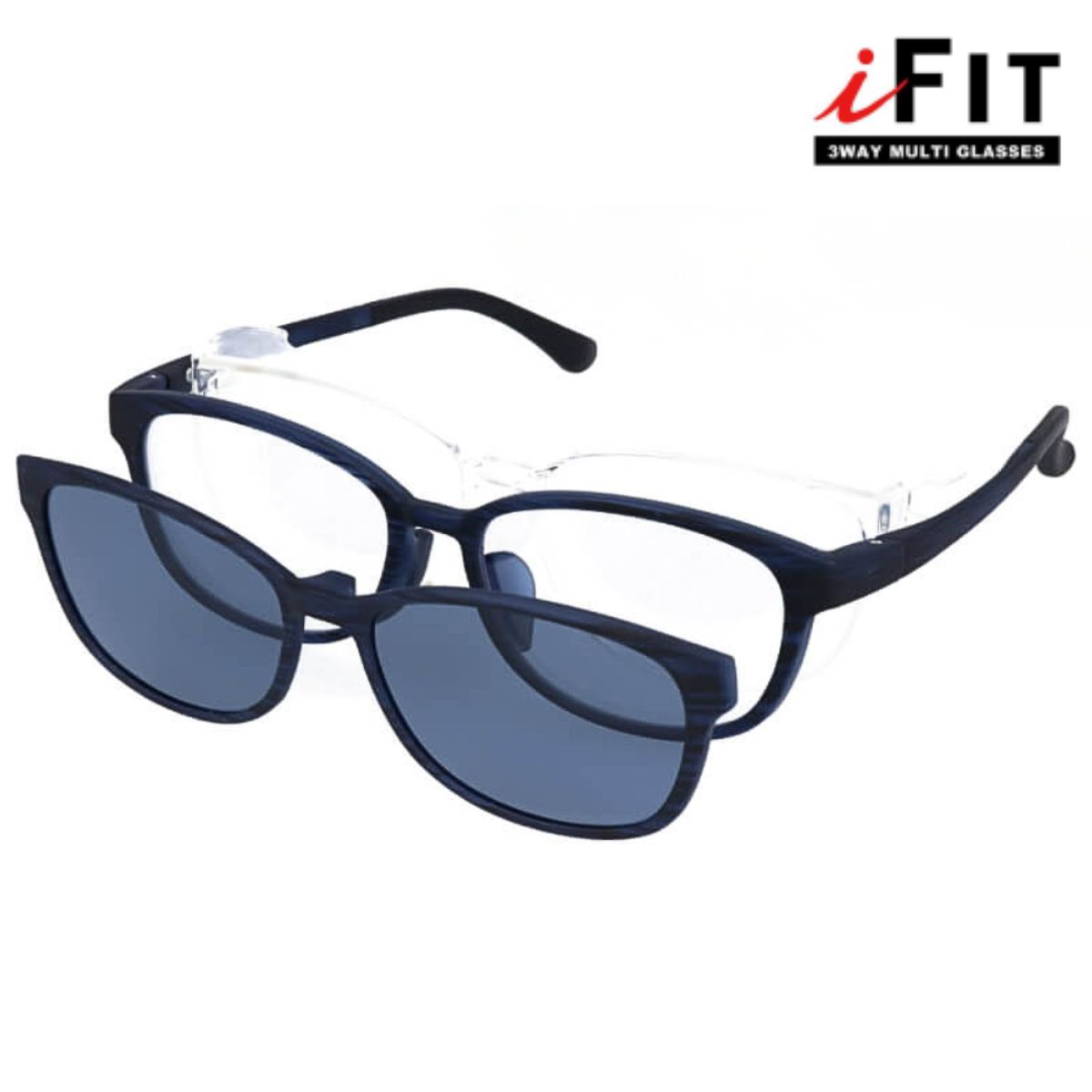 iFIT 3WAY MULTI GLASSES 花粉 眼鏡 サングラス 伊達メガネ 偏光レンズ 度付き対応 UV加工レンズ IF-3W03 フレーム フードパーツ クリップオン 超弾性樹脂 紫外線 軽量 普段使い 保護メガネ クリアフード 眩しさ対策 ギラツキ 乱反射 専用ケース 巾着袋付 アイワン秋葉原
