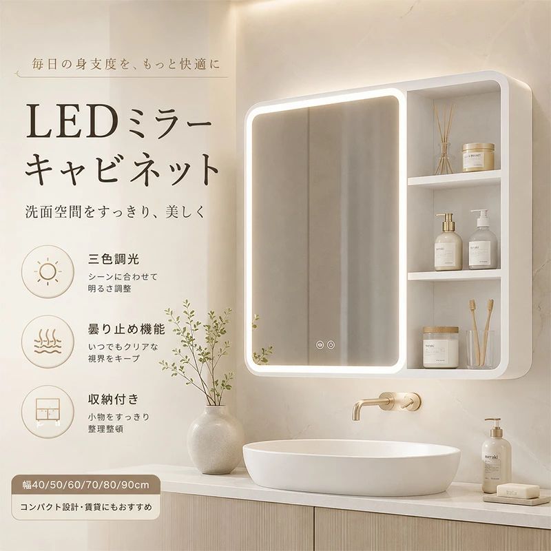 【2年保証】ミラー キャビネット ライト 付き 洗面台 鏡 ミラーキャビネット おしゃれ ミラー 裏に収納付き 浴室 ミラー キャビネット|RSDSHOP
