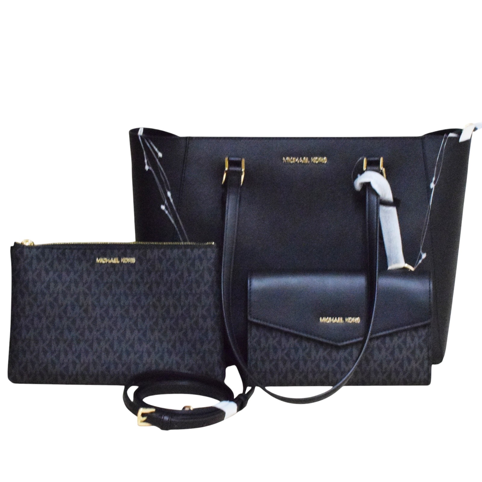 【中古・未使用品】【MICHAEL KORS】マイケルコース シャーロット 3IN1 トートバッグ ラージ ショルダー ファスナー開閉 CHARLOTTE ブラック ゴールド金具 レディース ロゴポーチ 3点セット 紙袋 USED-SS【リサイクルマート秩父店】r262-1200293905801091 15,914円