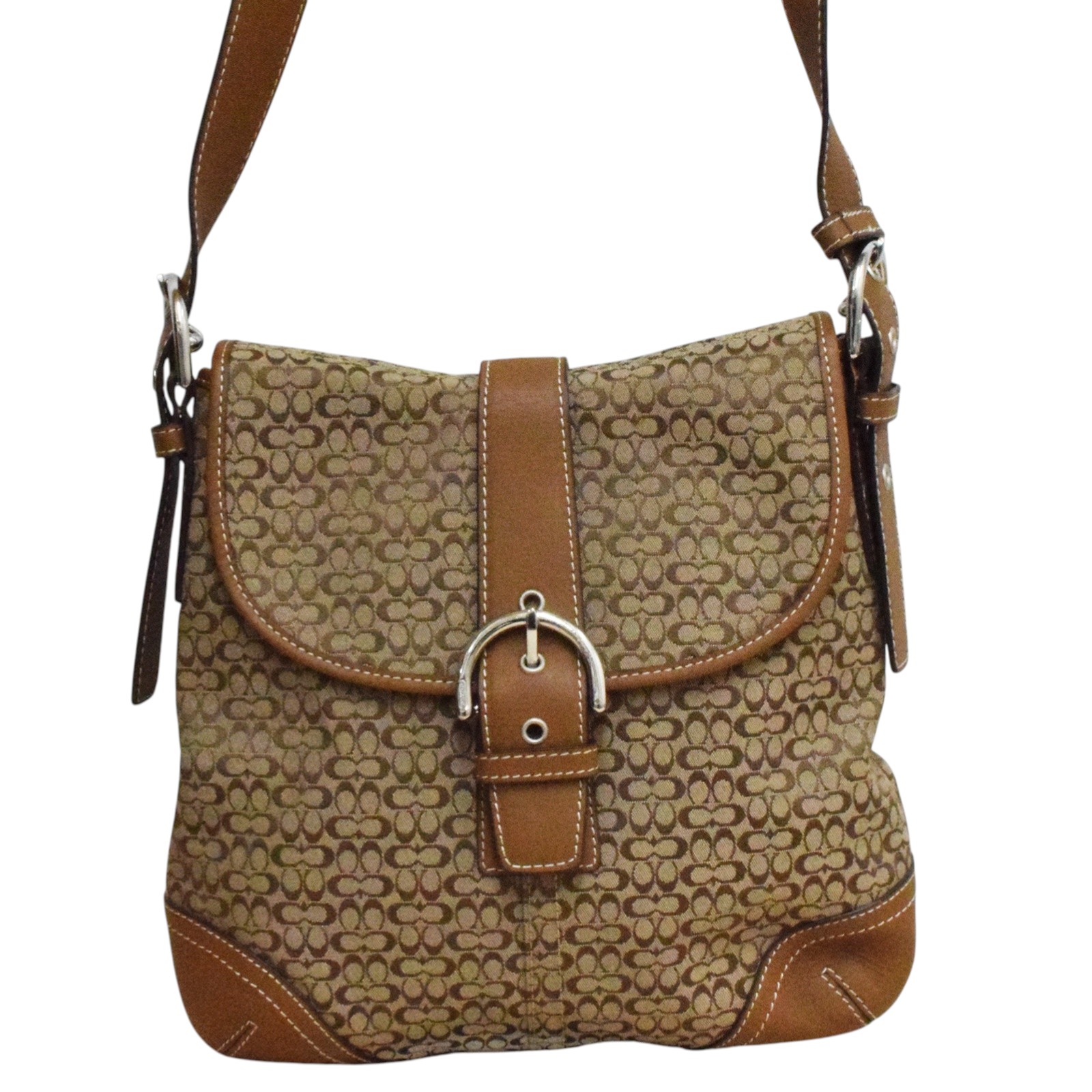 【中古】【COACH】コーチ ショルダーバッグ 6376 ミニシグネチャー ベージュ キャメル シルバー金具 マグネット開閉 キャンバス レディース 保存袋 USED-A【リサイクルマート＋質 秩父店】r262-1200235905800545
