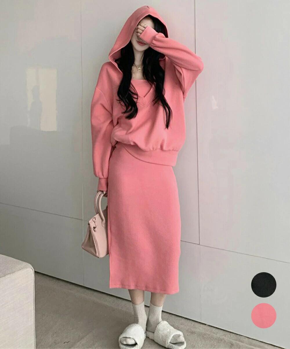 薄手スウェット上下春夏セットアップ韓国風 フード付きVネックトレーナーレディースドロップショルダー ホルターネックロングワンピース