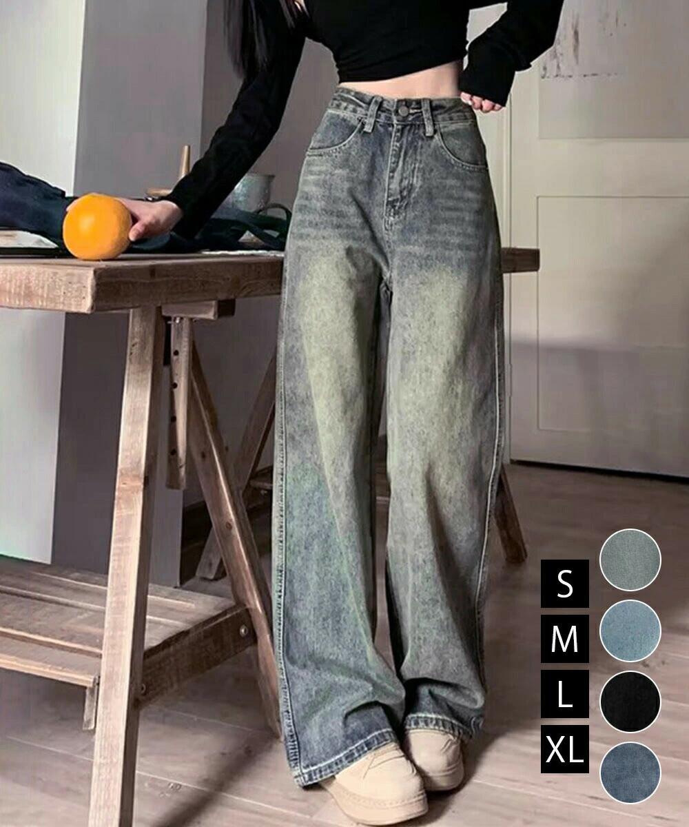 ヴィンテージデニムパンツ レディース韓国 レトロ風ジーンズ ハイウエスト ウォッシュデニム 美脚脚長 セミワイドパンツ フルレングス