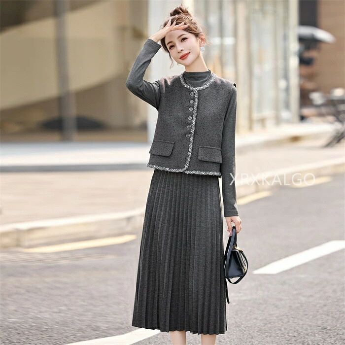 sale10%ワンピース ベスト 2点セット レディース シニア ニットベスト ニットワンピースセット グレー ロング丈 婦人服 ミセス 女性|RSショップ店