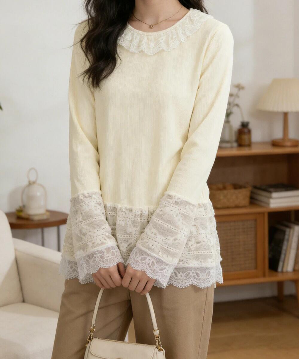 レース切り替えTシャツフェミニントップス ロングTシャツ レディース ゆったりレイヤード風トップス クルーネックカットソー 大人可愛い