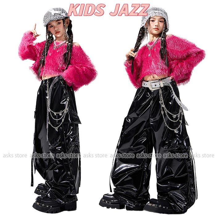 キッズ ジャズダンス衣装 女の子 上下セット 長袖トップス ふわふわ カーゴパンツ ヒップホップ ストリートダンス 光沢感 ネックレス ベ