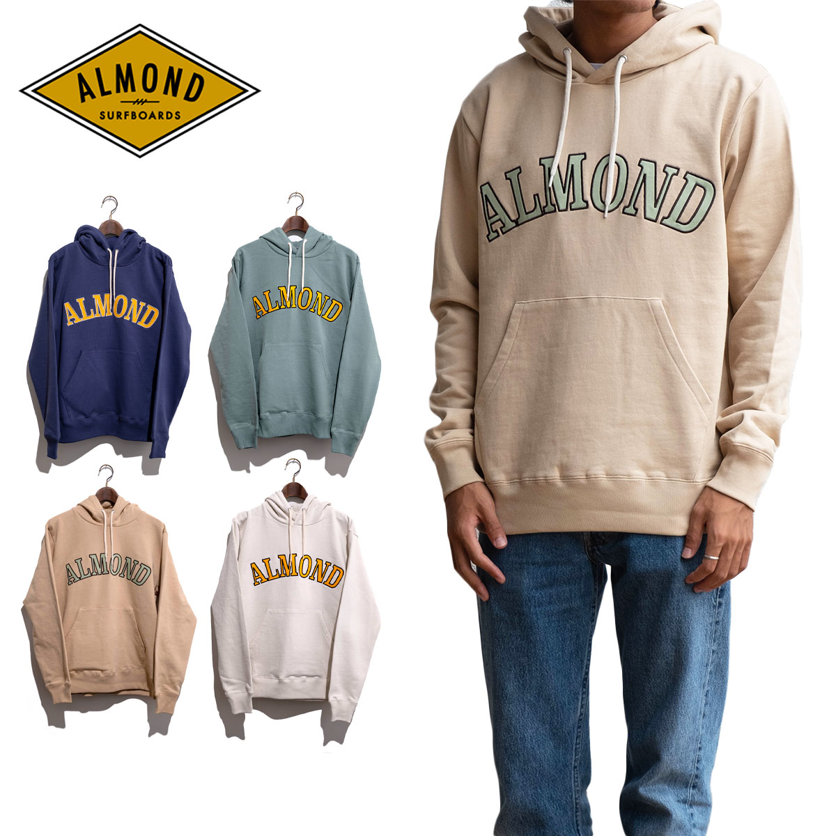 扁桃 サーフ パーカー メンズ カレッジフーディー トップス Almond Surfboards \u0026 Design College Hoodie ティーシャツ 流汗 単科大学風ロゴタイプ 波乗り サー毛革 朦々たる ベージュ 白いこと 米国海軍 緑であること 2022 秋冬