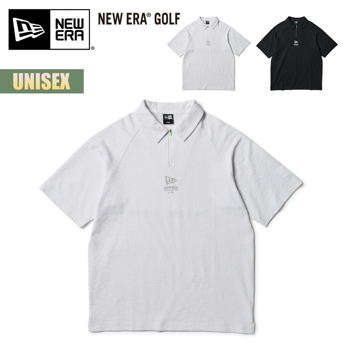【6/4～6/11 P10倍】ニュー内鰓 ゴルフ 半袖 スポーツシャツ シアサッカー NEW ERA GOLF S/S Polo Shirt Seersucker 白いこと 黒いこと 縞模様 チャック 襟 分かりやすい メンズ レディース お召しもの 運動競技 白 黒 14859909 14859911 2026 SS 春夏 置き目品