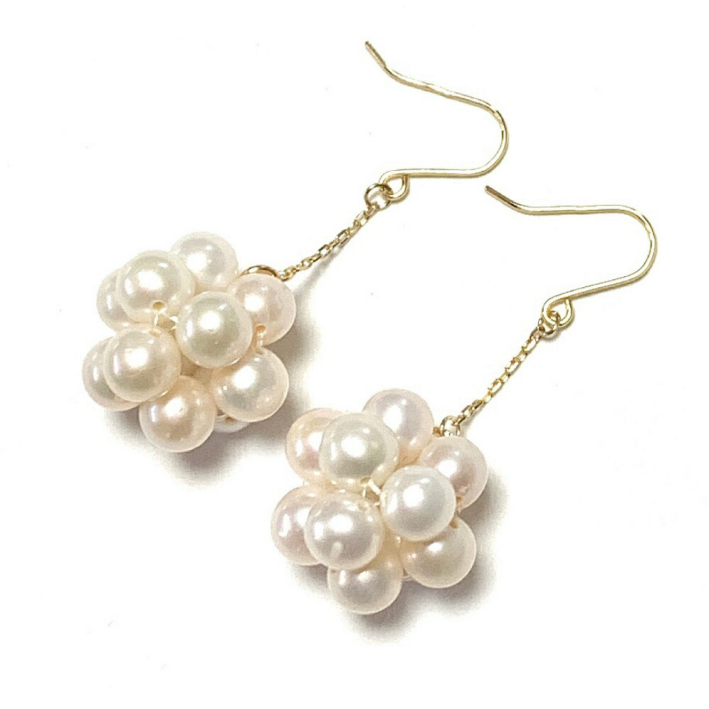 K18 パール ピアス イヤリング ★ 淡水真珠 パール (M) フラワーキューブ チェーンフックピアス K18YG 18金イエローゴールド アメリカン 誕生石 チャーム 18K 人気 ギフト 誕生日 バースデー プレゼント 結婚記念日 お祝い クリスマス ホワイトデー 母の日 彼女 贈り物