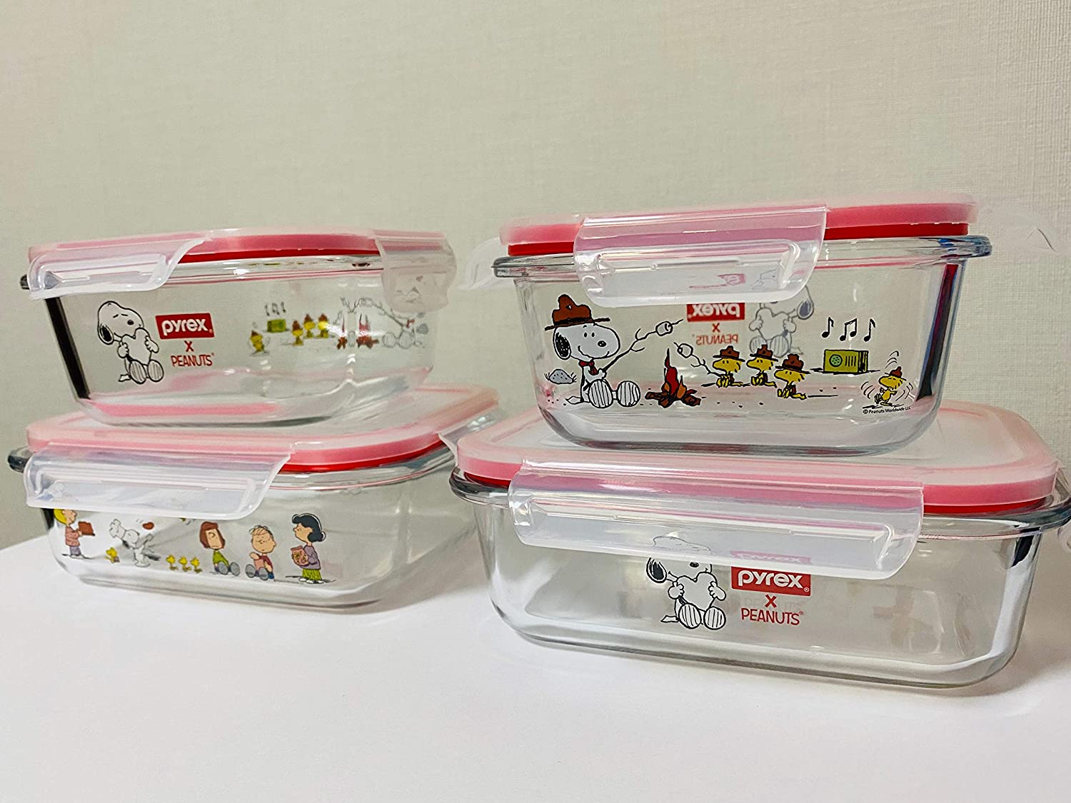 楽天市場 Pyrex パイレックス スヌーピー 密閉ガラスストレージコンテナ 4個セット スクエア 正方形 ふた付き 保存容器 コンテナ お弁当箱 お洗濯屋さん