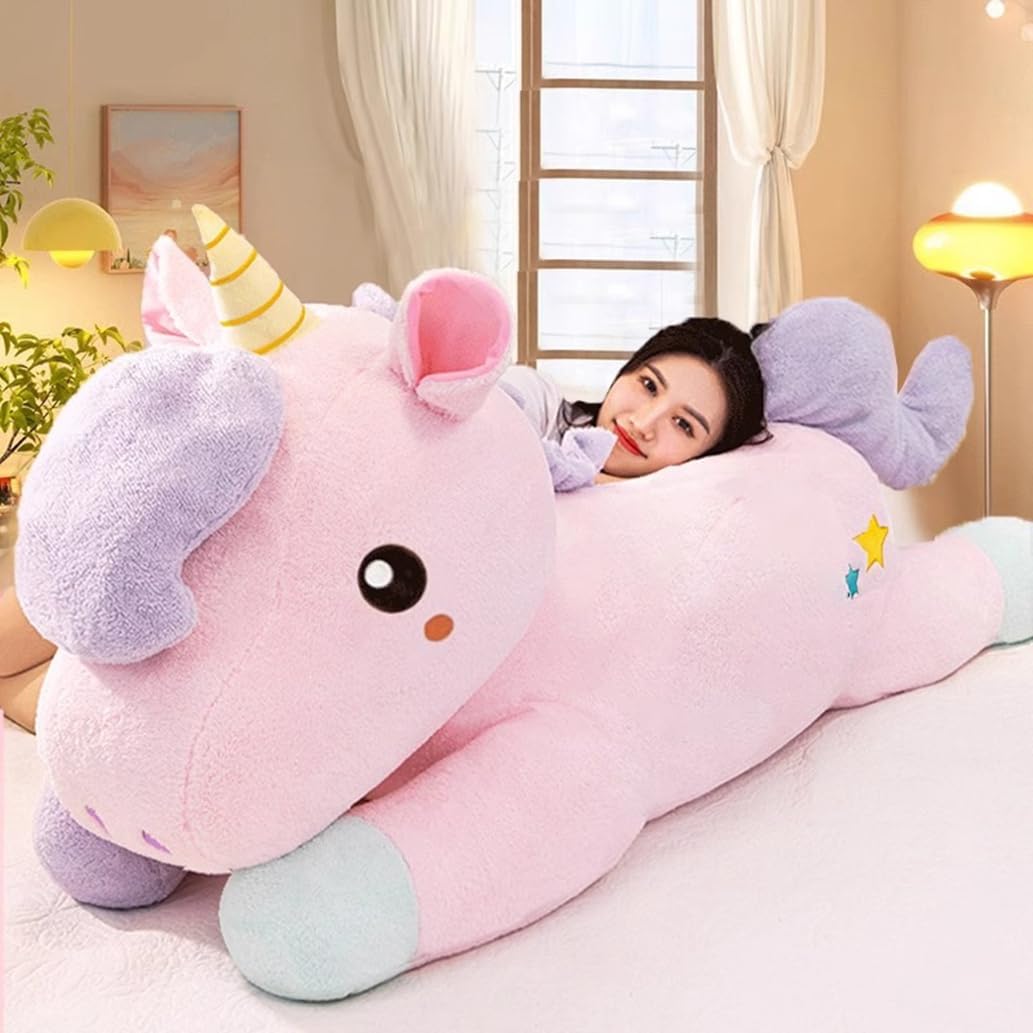 Daily Palette かわいい ユニコーンぬいぐるみ 人形 女の子 うま縫い包み 抱き枕 ふわふわ 超ソフト ロング 特大 癒し 動物 おもちゃ ギフト 80cm 大きい 睡眠枕 贈り物 添い寝 ピンク 昼寝枕 もちもち|デイリーパレット店