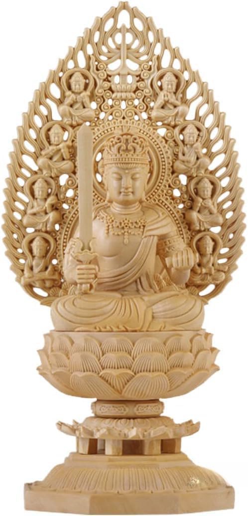デイパレ 仏像 文殊菩薩 仏壇仏像 置物 桧木製 木彫り 飛天光背 蓮華台座 十二干支 癸年卯年 お守り本尊 祈る 厄除け （高さ28cm&times;巾12cm&times;奥行12cm）｜デイリーパレット店