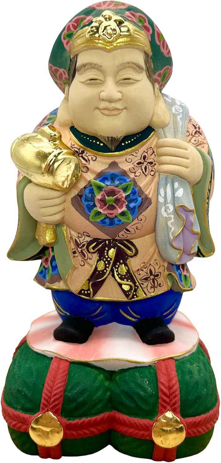 仏像 大黒天 大黒様 置物 開運招福七福神 木彫り 桧木製 極彩色絵 縁起物 厄災除け 金運 開運 繁樓藝雕(高さ14cm×巾7.5cm×奥行8cm) (極彩色絵)|デイリーパレット店