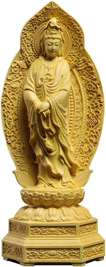 仏像 観音像 木彫り 置物 風水 開運 仏壇仏像 【観音菩薩?八角蓮華座】 ツゲ製高級木彫り （高さ20cm&times;巾8cm&times;奥行6.5cm） 【繁樓藝雕?TheChanger】｜デイリーパレット店