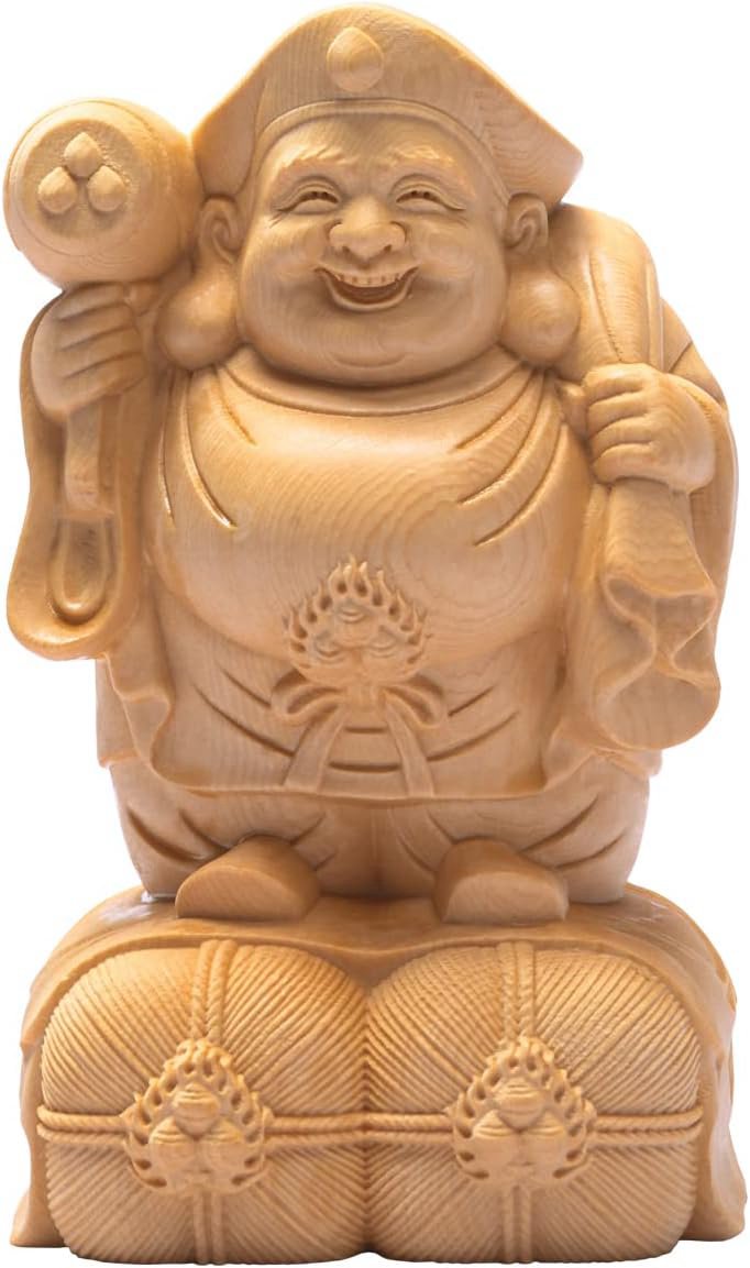 デイパレ 大黒天 大黒様 置物 仏像 木彫り 桧木製 縁起物 玄関置物 開運招福 商売繁盛 五穀豊穣 子孫繁栄 (高さ16cm×巾10cm×奥行7cm) (原木)|デイリーパレット店