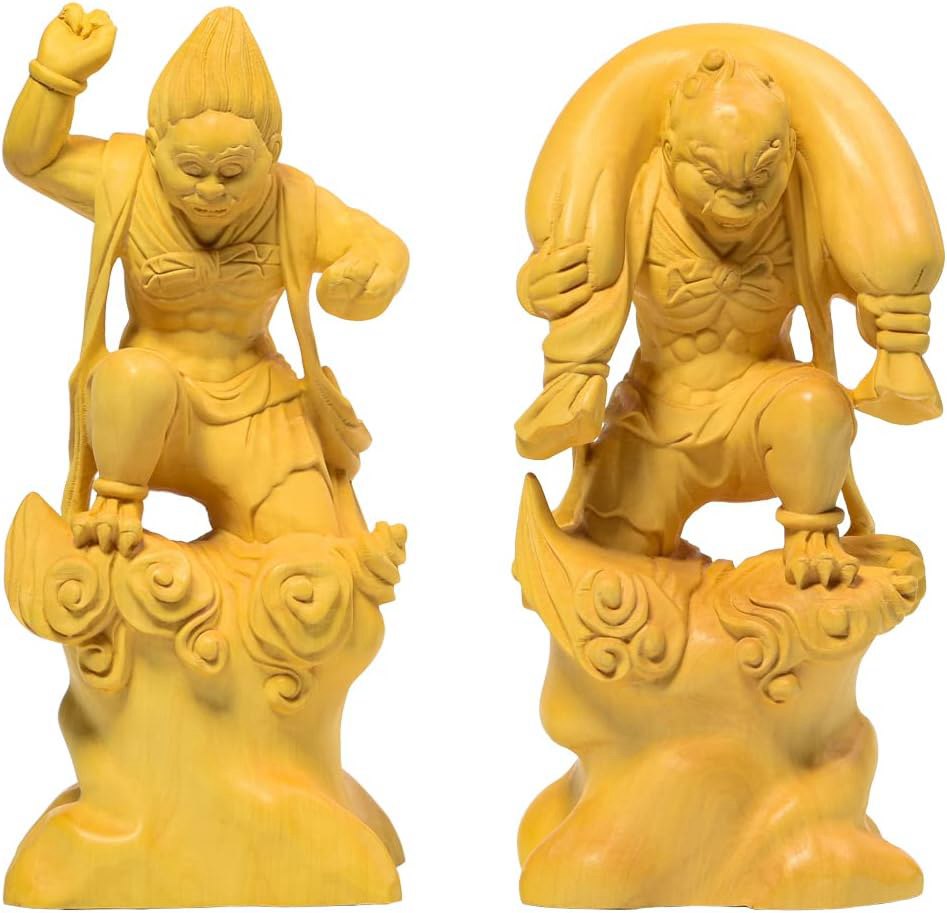 デイパレ 仏像 風神 雷神 木彫り 柘植製 風水 置物 厄除け 開運（高さ16cm&times;巾7.5cm&times;奥行6.5cm） (原木)｜デイリーパレット店