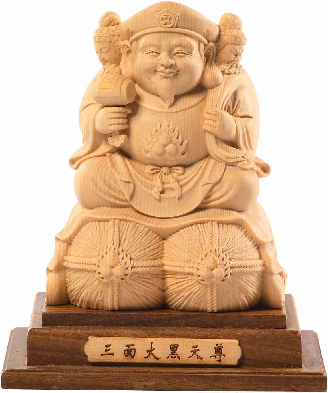 デイパレ 三面大黒天 仏像 七福神 開運招福 商売繁盛 無病息災 福徳 福運 厄除け (高さ14.5cm&times;巾13cm&times;奥行10.5cm) (原木)｜デイリーパレット店