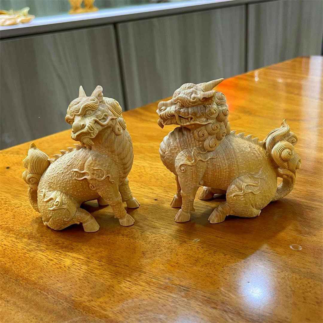 木彫り 麒麟 置物 風水 高さ9cm 魔除け お守り(2体セット)開運グッズ 金運グッズ 高級天然ツゲ木彫り