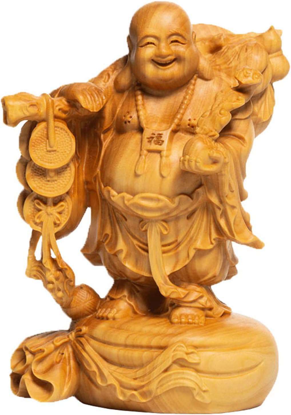 木彫り仏像 七福神 布袋 様 ツゲ製高級木彫り 木製彫刻 置物 金運 お守り(Size:高さ13cm)｜デイリーパレット店