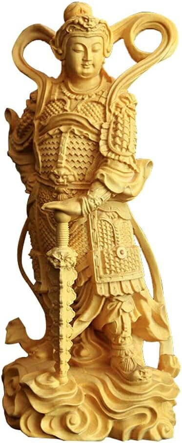 韋駄天立像 桧木製高級木彫り 美術品 木彫り 仏像 魔除け 置物(Size:高さ16 cm)