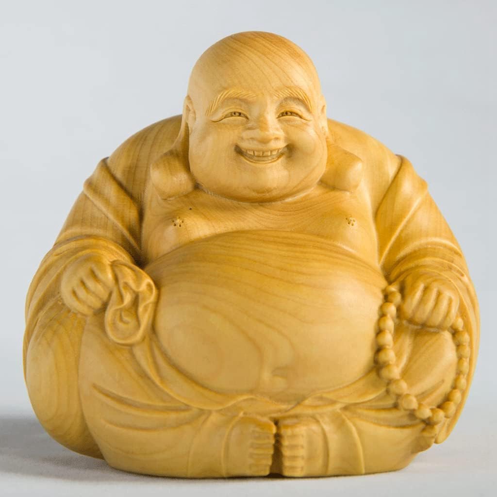 仏像 木彫り 七福神置物 布袋様 小さな 置物 ツゲ製高級木彫り 金運 お守り（高さ7.3cm×巾7.6cm×奥行7cm）
