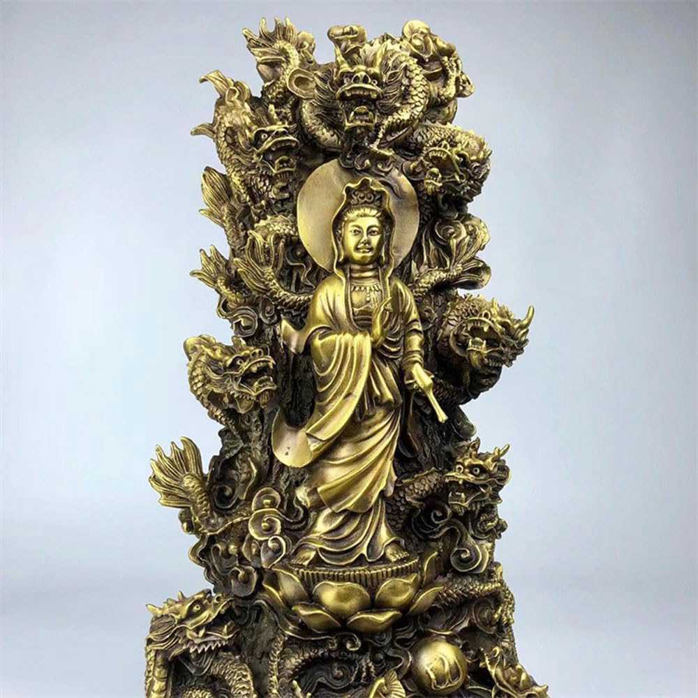 デイパレ 仏像 龍上観音菩薩像 観音像 龍乗観音 龍観音 置物 真鍮製 大型 (高さ39cm×巾20cm)【九龍観音】◆厄除け十二支守り本尊・守護仏【仏間 仏壇】|デイリーパレット店