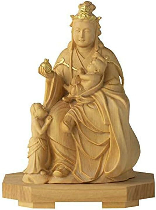 木彫りの仏像 鬼子母神【守り本尊】子育安産 ツゲ製高級木彫り ミニチュア仏像 お守り（高さ8.5cm、幅6.5ｃｍ ）（きしもじん）