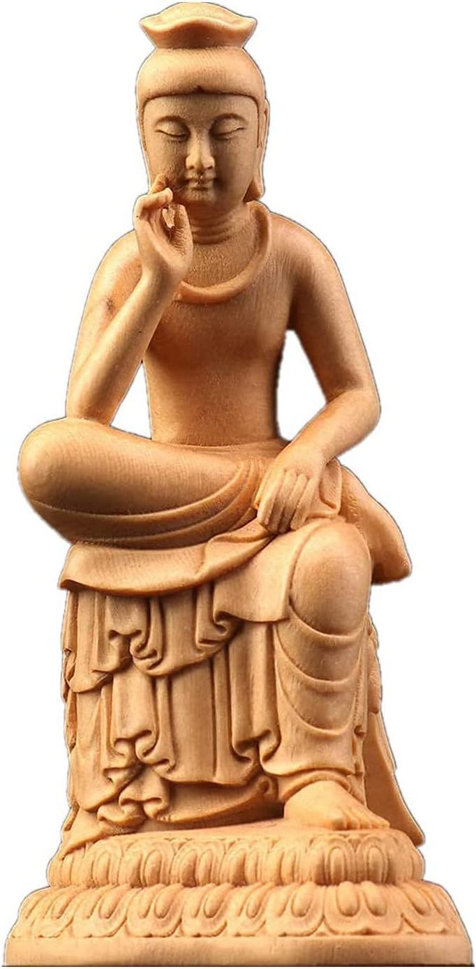 木彫り 置物 弥勒菩薩 桧木製 原木色 半跏思惟像 仏像 フィギュア(Size:12センチ)