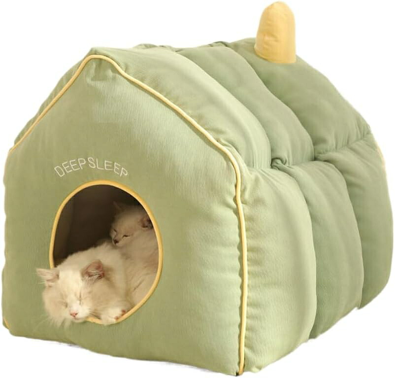 猫 ベッド 冬 室内 ふわふわ もこもこ ペットベッド 寒さ対策 保温 防寒 暖かい 小型犬用 洗える ハウス 裏面に滑り止め付き 可愛い ペット用寝袋 グリーン 55*55*50cm｜デイリーパレット店
