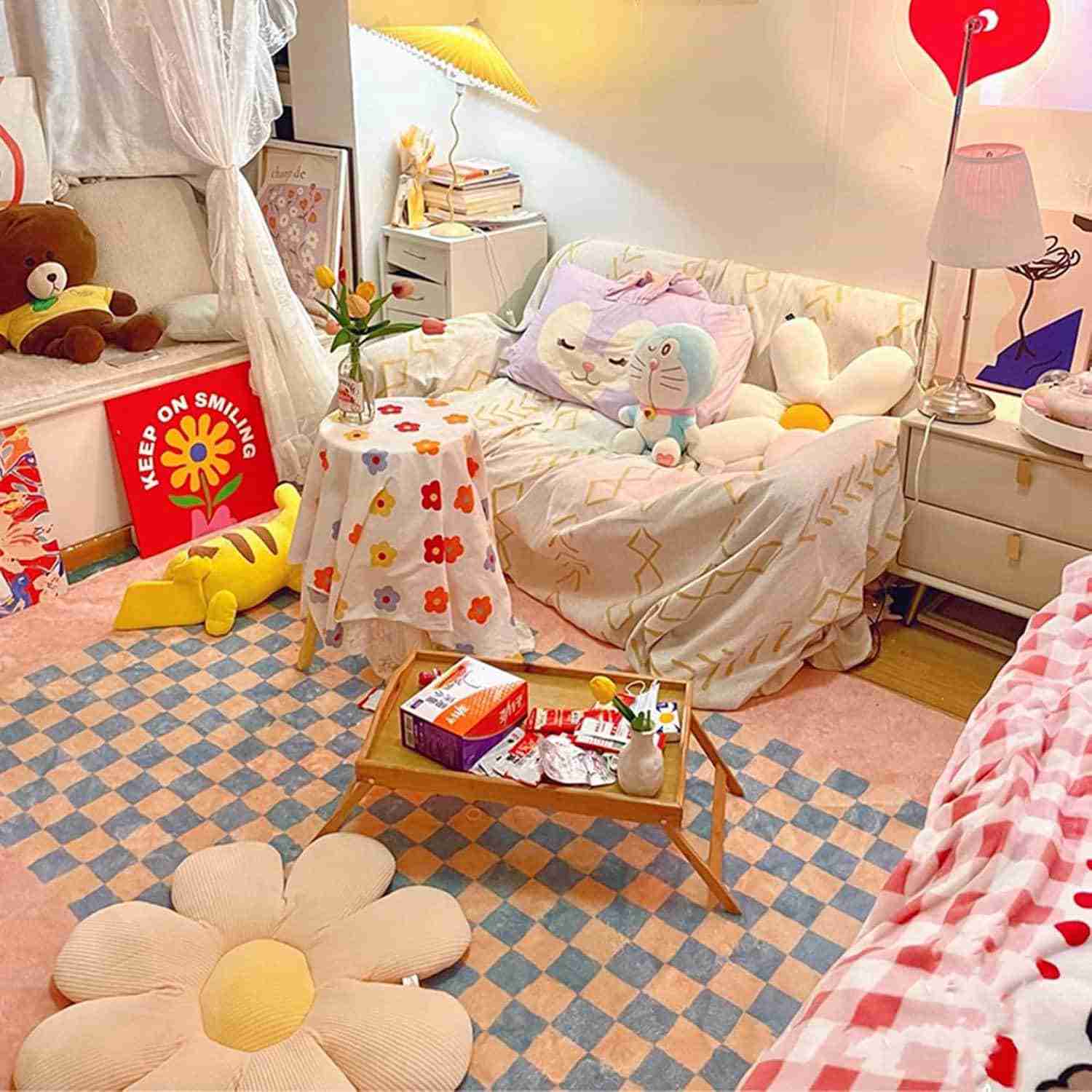 カーペット ラグ かわいい チェック柄 ピンク ブルー イエロー 少女 キッズ 足元マット 厚手 大判 低反発 キレイめ 速乾 ベッドサイド リビングルーム 抗菌?防臭?防ダニ ふわふわ 2*3M｜デイリーパレット店