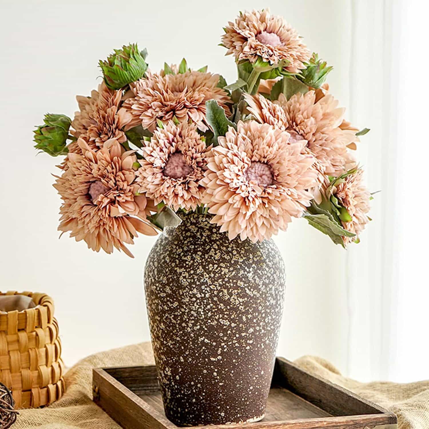 Daily Palette 向日葵 造花 F フェイクフラワー 枯れない花 人工観葉植物 本物そっくり フレンチブーケ 薔薇 造花 テーブルデコレーション リビングルーム フラワーアレンジメント DIY装飾 陶器花瓶付き リアル｜デイリーパレット店