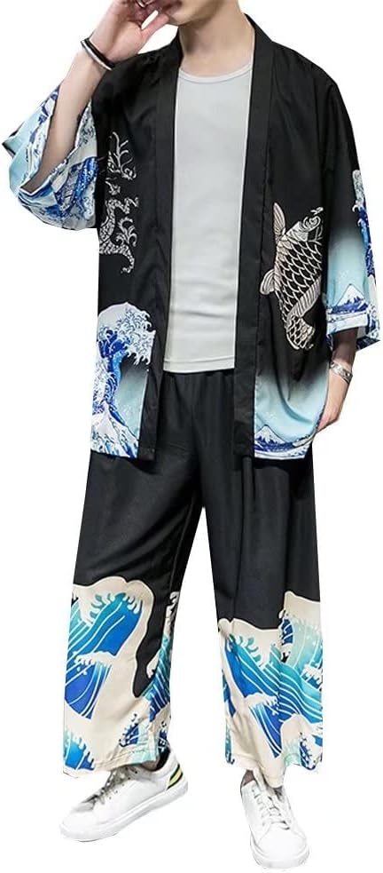 甚平 メンズ 羽織り 作務衣 2点セット 七分袖 カーディガン サマーセットアップ ワイドパンツ ロングパンツ シャツ 和式 半被 部屋着 花火大会 柄付き ゆったり