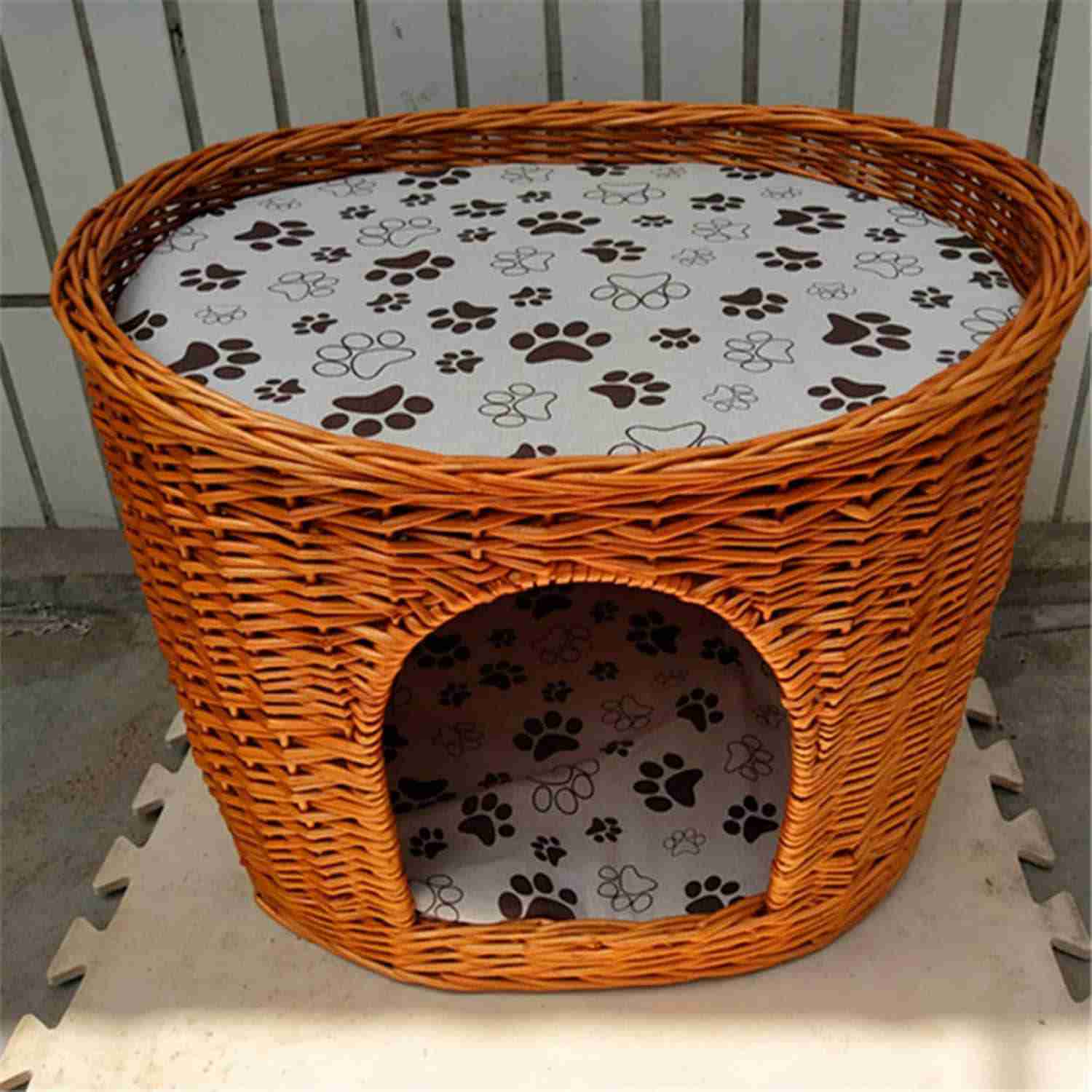 ラタン 猫用ハウス ドーム型 藤編み ペットベッド 二階 猫ネスト 犬 小型犬 柳編み 細工品 手編み ラタンかご ペットハウス 小動物用ケージ 天然素材 丈夫 洗える 春夏用 涼しい 通気性 インテ