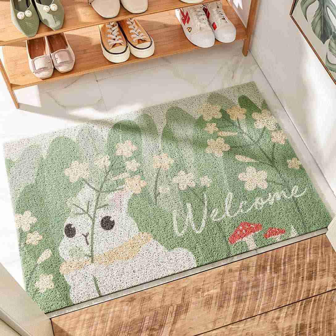 玄関マット 45×75cm 泥落とし 滑り止め付き ドアマット コイル ウェルカム 耐久性 耐磨耗性 エントランスマット 家庭用 グリーン カット可能 水洗いOK お手入れ簡単