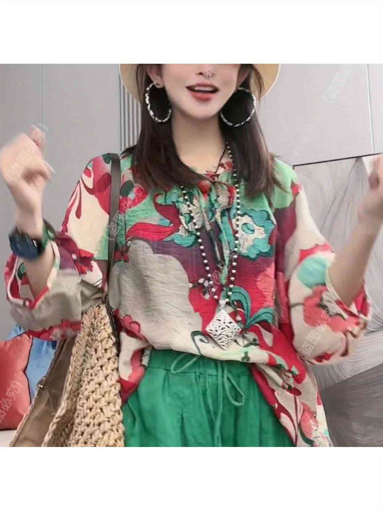 【総柄エスニック】ブラウス レディース 長袖 花柄 トップス シャツ チュニック 民族風 ボヘミアン レトロ アジアン ゆったり 大きいサイズ 体型カバー 二の腕カバー お尻隠れる 着痩せ 細見え 30代 40代 50代 春 夏 秋 ボリューム袖 ぽわん袖 リボン カジュアル