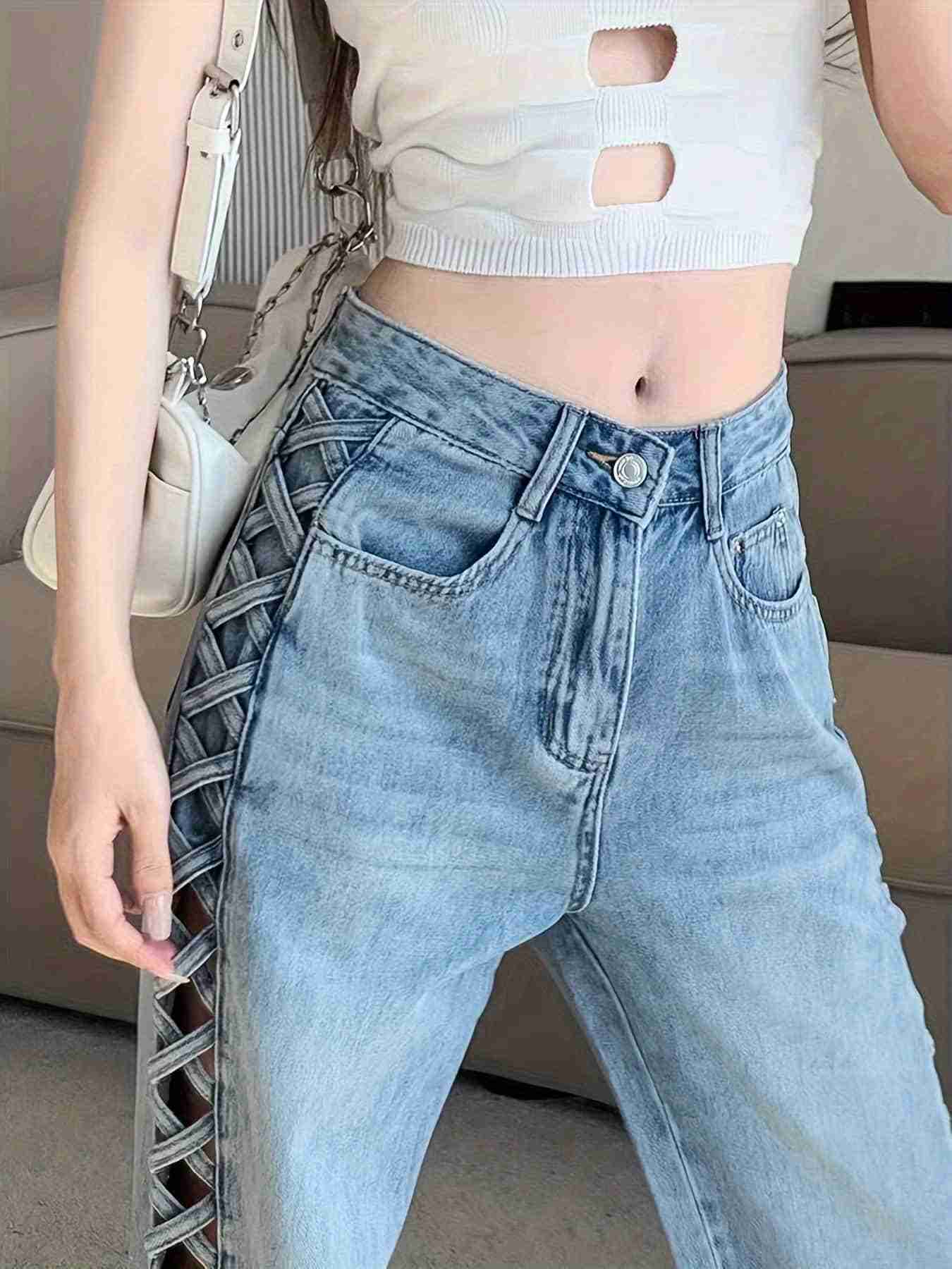 【サイドカット】ワイドパンツ デニム レディース ハイウエスト ジーパン ジーンズ ストレートパンツ ロングパンツ ボトムス サイドレースアップ 編み上げ 網目 透け感 美脚 脚長効果 着痩せ 体型カバー ゆったり ズボン ストリート系 Y2K 韓国 ファッション アメカジ