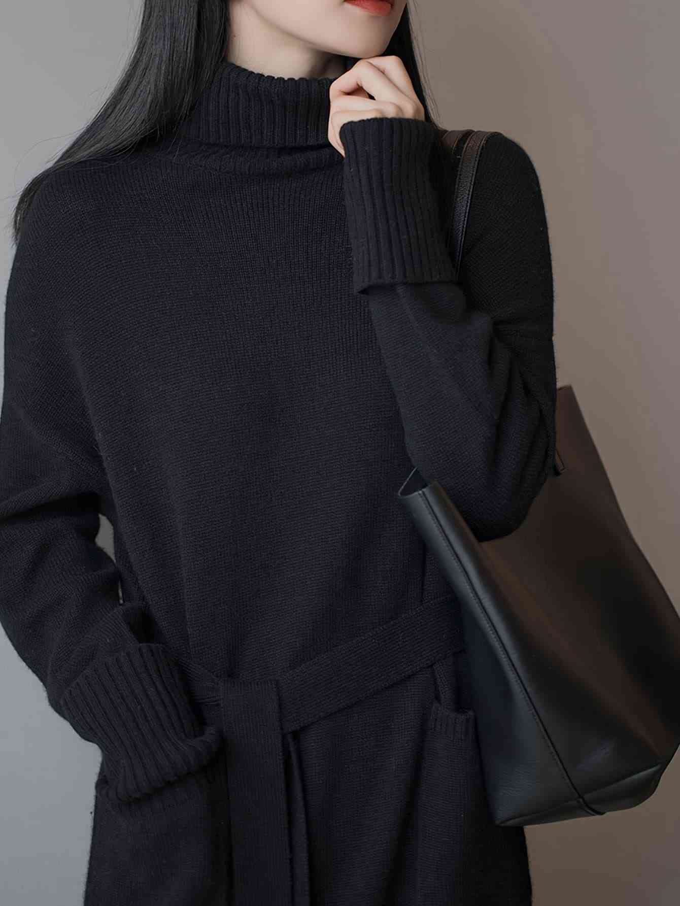 【小顔効果】 ニットワンピース ロング タートルネック レディース セーター ニット ワンピース ハイネック 膝丈 Aライン ベルト付き ウエストマーク 長袖 厚手 体型カバー 着痩せ 細見え ゆったり チュニック トップス 部屋着 通勤 オフィス OL きれいめ カジュアル