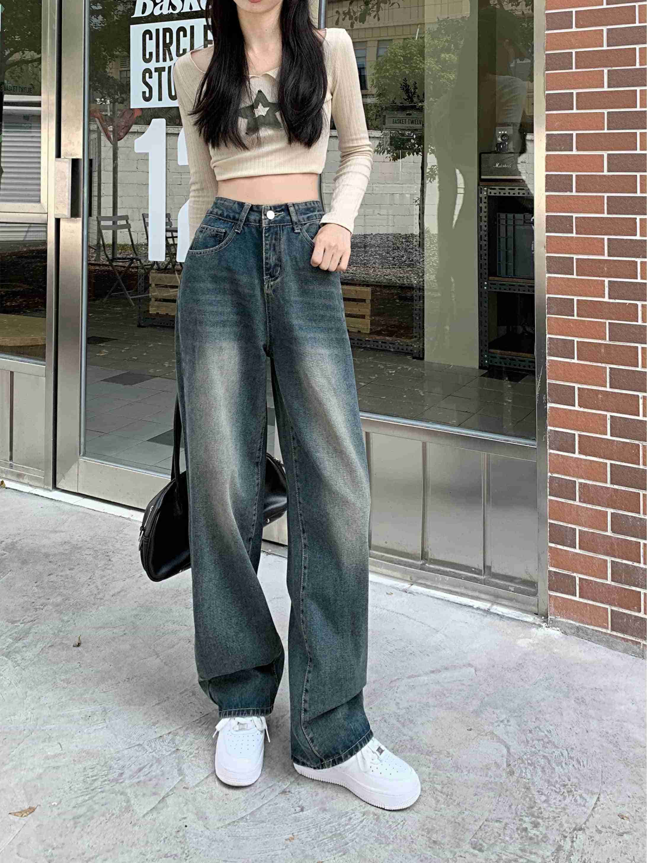 【脚長美脚】 デニム パンツ レディース ワイドパンツ ジーンズ ストレートデニム ハイウエスト ジーパン ズボン ボトムス ロングパンツ ゆったり 体型カバー 着痩せ 細見え 落ち感 ウォッシュ加工 ヴィンテージ風 レトロ カジュアル きれいめ 大人可愛い 20代 30代