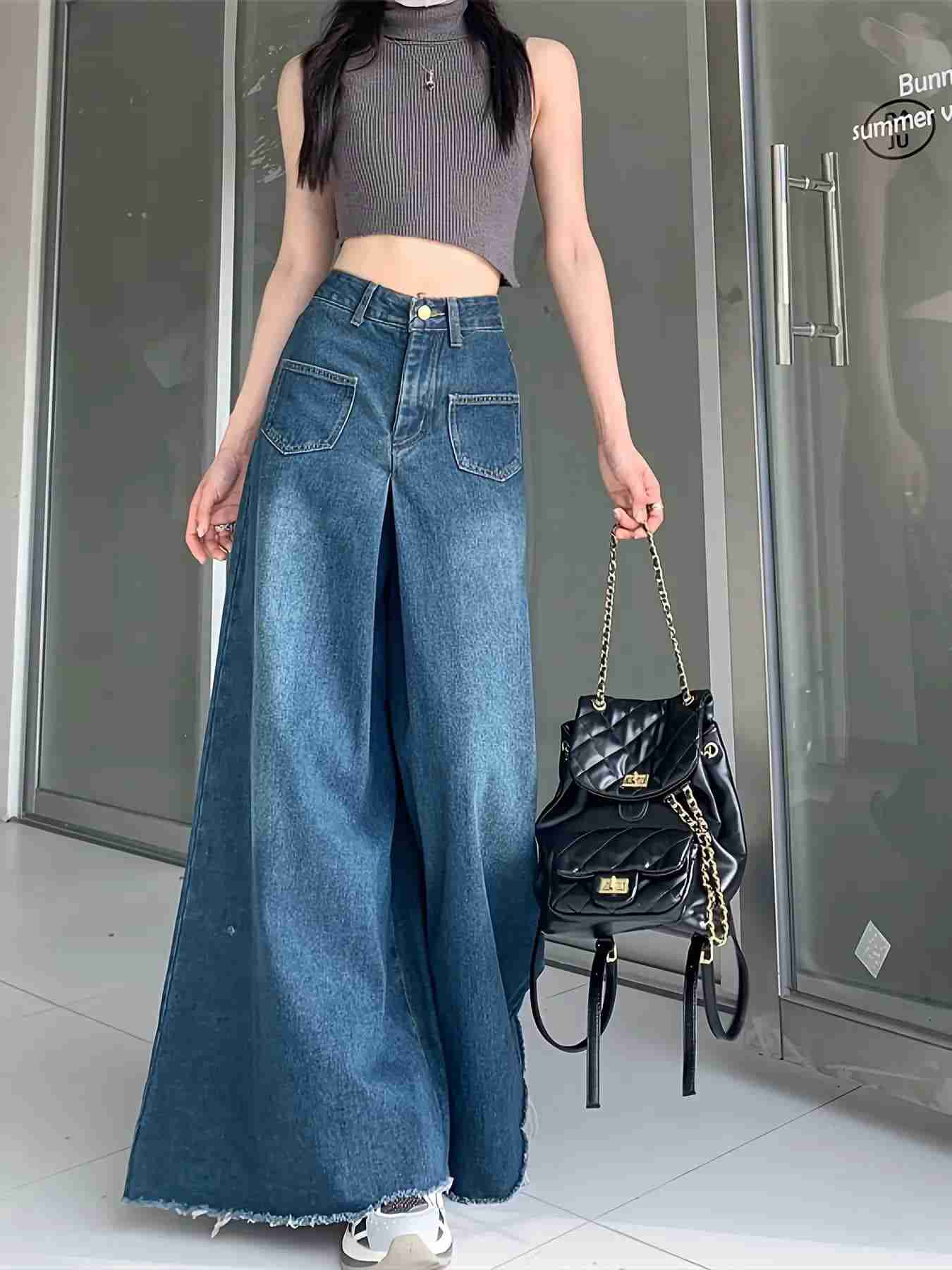 デニム パンツ レディース ワイドパンツ デニムパンツ ハイウエスト ストレートパンツ 裾フリンジ カットオフ ロング丈 落ち感 美脚 脚長 ジーパン ゆったり 大きいサイズ 体型カバー カジュアル 着痩せ 送料無料