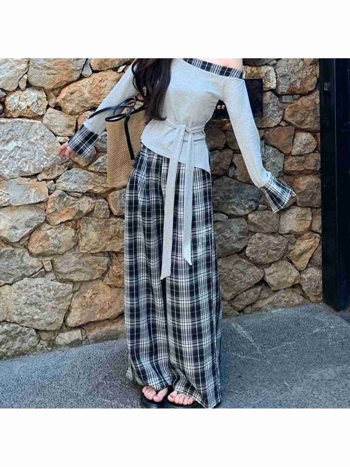 セットアップ レディース 夏 2点セット オフショルダー Tシャツ リボン 格子柄 チェック柄 ワイドパンツ ハイウエスト ロングパンツ ガウチョパンツ 半袖 カジュアル きれいめ 韓国ファッション 涼しい おしゃれ 上下セット｜デイリーパレット店